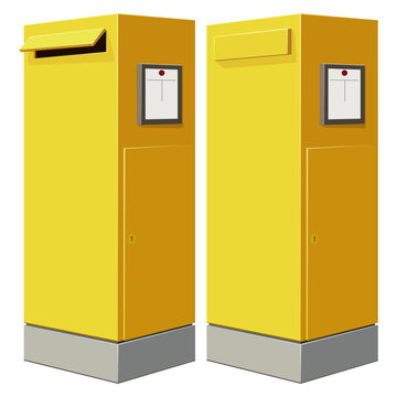 Modern yellow street mailbox pillar open and closed representing postal dispatch, mail delivery services, public communication, and written correspondence logistics (cut out)
