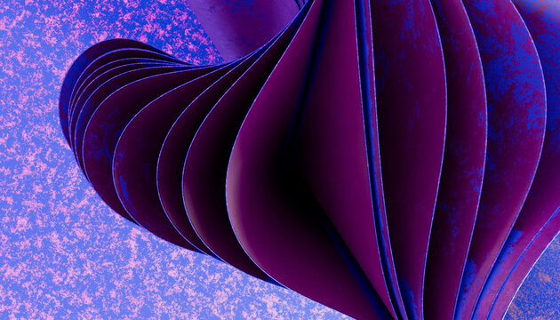 Abstract sculpture composed of curved purple panels with blue