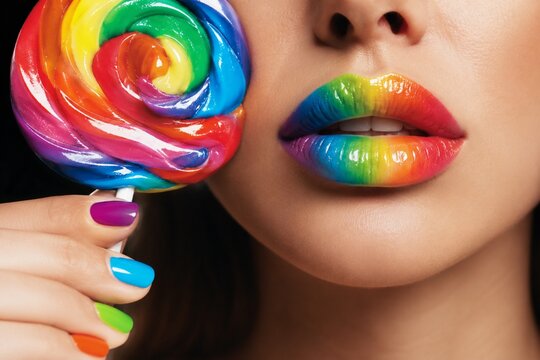 Glossy Rainbow Lips with a Colorful Swirl Lollipop