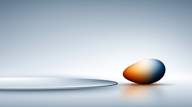 Egg-shaped abstract object with blue and orange gradient color sits next to a curved white disc on a clean minimalist studio surface.