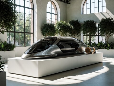 Futuristic hyperloop pod sits on white platform in bright modern showroom. Sleek silver transport vehicle with glass windows inside minimalist eco office with indoor plants, large windows. High tech