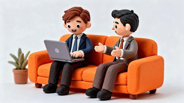 Two businessmen talking on an orange sofa with a laptop and a plant in a simple room