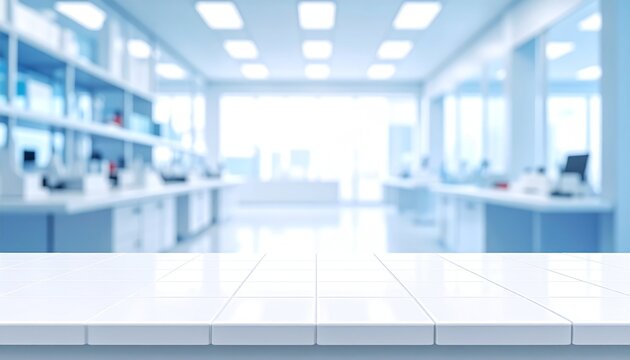 Empty white laboratory countertop in bright modern science lab with shelves, equipment, workstations and blue clinical research background
