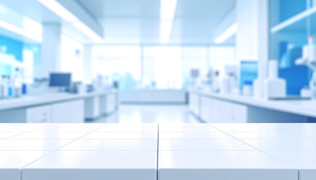 Empty white laboratory countertop with blurred blue biotechnology lab background, shelves, glassware, workbenches and bright clinical interior
