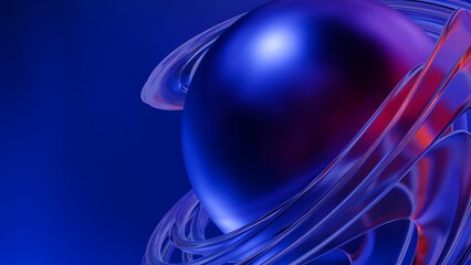 Abstract 3D background with glossy blue metallic sphere and orbiting rings © Delementa