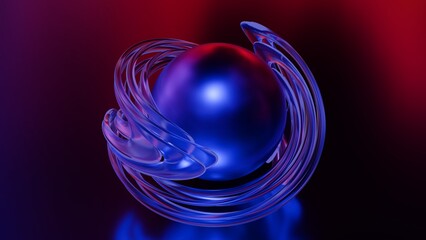 Abstract 3D background with glossy blue metallic sphere and orbiting rings © Delementa
