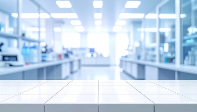 Out of focus contemporary laboratory room with clean white table foreground, glass partitions, shelves, scientific instruments and bright blue background