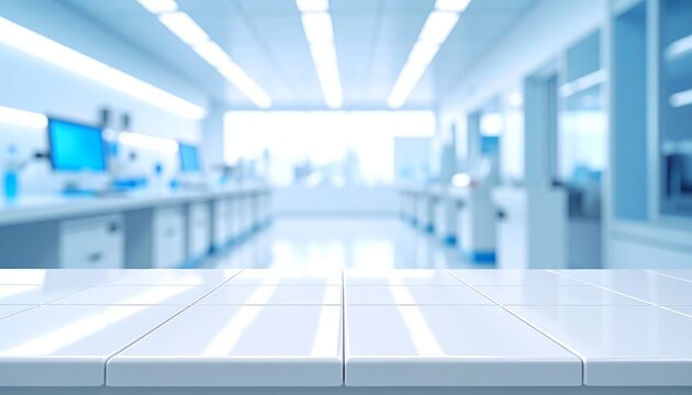Blurred modern science laboratory interior with empty white tabletop in foreground, bright blue research benches, equipment and corridor for product display