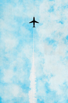 Airplane flying with contrail in blue sky illustration