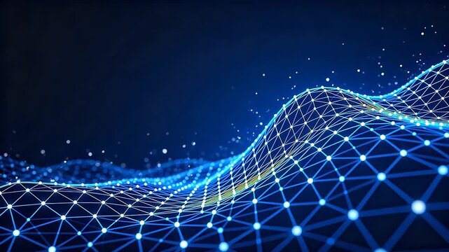Abstract digital grid surface with blue lines and white nodes on deep blue background