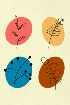 Minimalist illustration of line-drawn leaves with colorful abstract