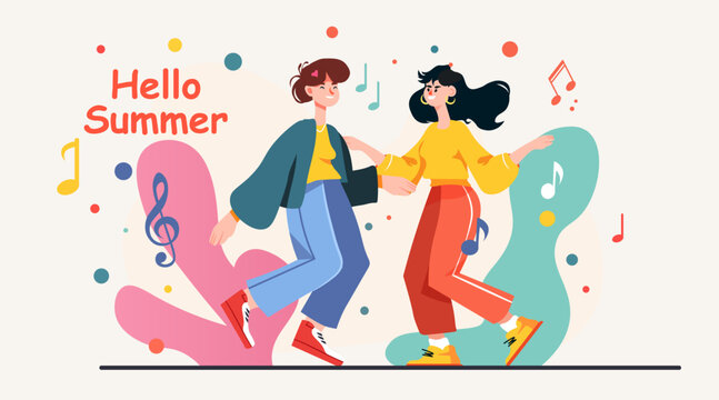 Hello summer dancing friends music colorful abstract background playful shapes notes confetti modern design banner