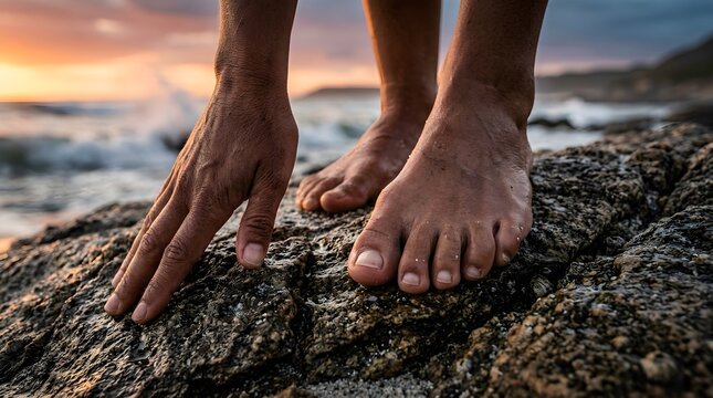 Bare Feet on Rocky Shoreline During Sunset with Waves Crashing