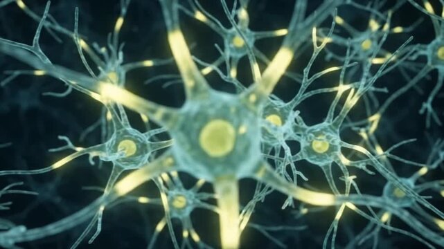 A detailed microscopic view of interconnected neurons with glowing synaptic connections, illustrating neural activity and brain function.
