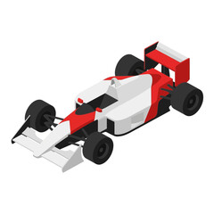 Obraz premium Isometric Red and White Formula 1 Racing Car Illustration. Factual vector art of a high-speed open-wheel race car with aerodynamic wings and black tires on white background.