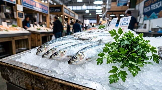 Fresh Fish on Ice Display at Seafood Market for Customers