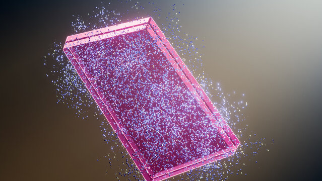 Abstract pink rectangular frame with floating blue glowing particles