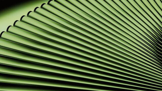 Abstract render of green curved metallic tubes in a repetitive pattern