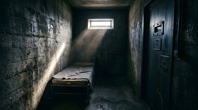Dark, Narrow Basement with Bed and Locked Door in Gloomy Setting