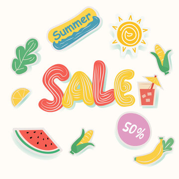 Sale summer discount colorful fruits sun drink watermelon corn banana lemon leaf playful doodle elements decorative sticker style