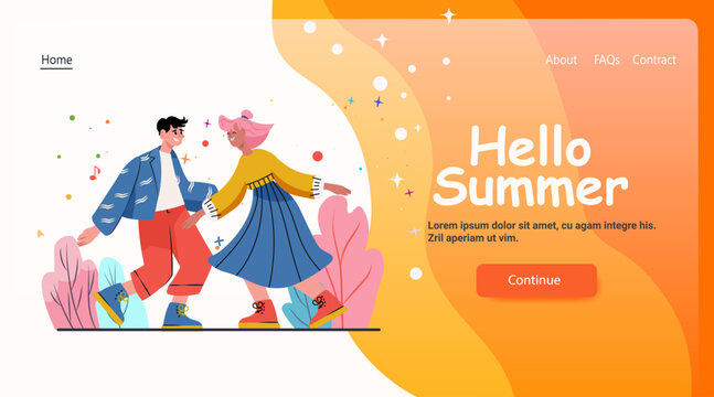 Hello summer couple dancing outdoor colorful plants abstract shapes bright orange background web banner landing page