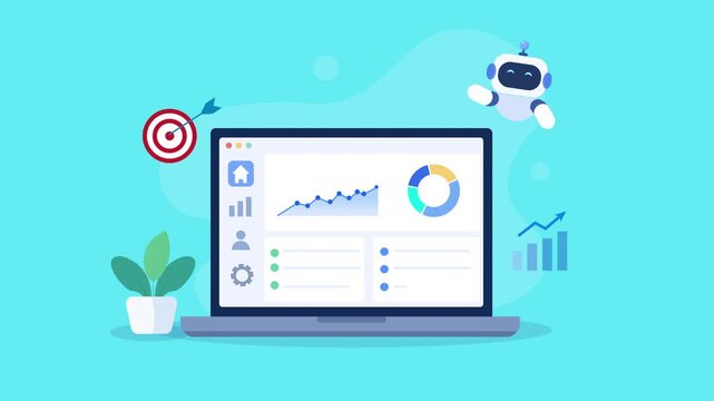 Animated video showing a laptop with a cloud analytics dashboard, line and pie charts, target, and performance icons on a bright turquoise background.