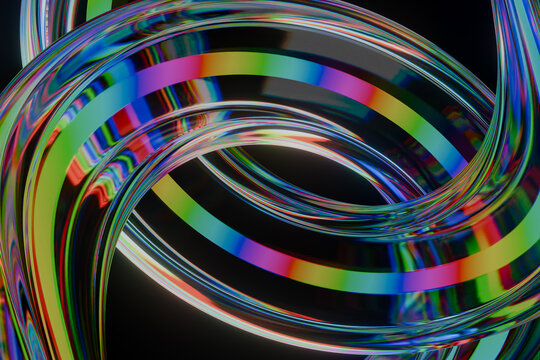 Abstract render of colorful transparent rings and tubes