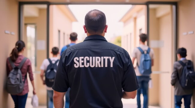 A view from behind of a male school security guard escorting five students out of the school.