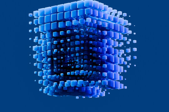 Floating blue cubes forming digital geometric structure abstract