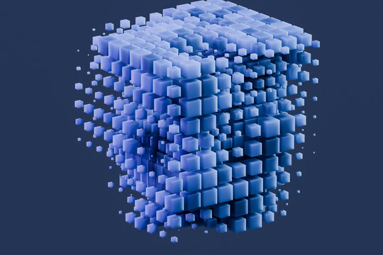 Digital 3d abstract render of fragmented blue cube with floating