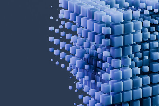 Abstract 3d rendering of floating blue cubes in a geometric pattern