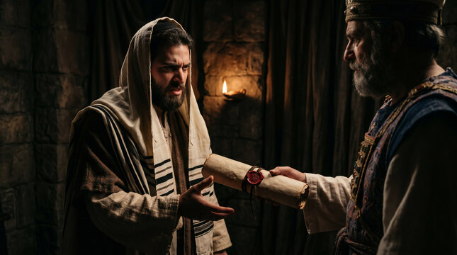 Saul breathing murderous threats, receiving a wax-sealed letter of authority from the High Priest to arrest Christians