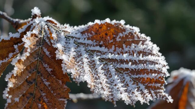Broad copper autumn leaves coated with dense white rime crystals along veins and serrated edges, illuminated by cool morning sunlight against a deep green woodland blur with crisp seasonal texture