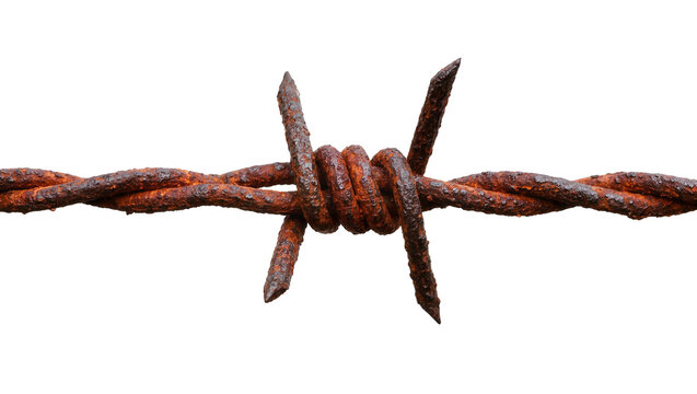 Rusty barbed wire section with sharp points, isolated on transparent background