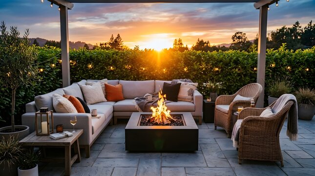 A stunning luxurious outdoor living area with a contemporary fire pit and inviting comfortable seating at sunset offering a gorgeous scenic view