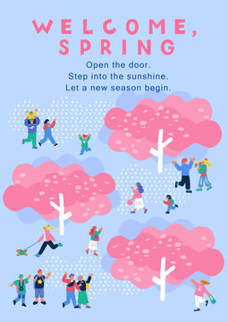 桜の木の下で家族が花見を楽しむ「WELCOME, SPRING」ポスターデザイン