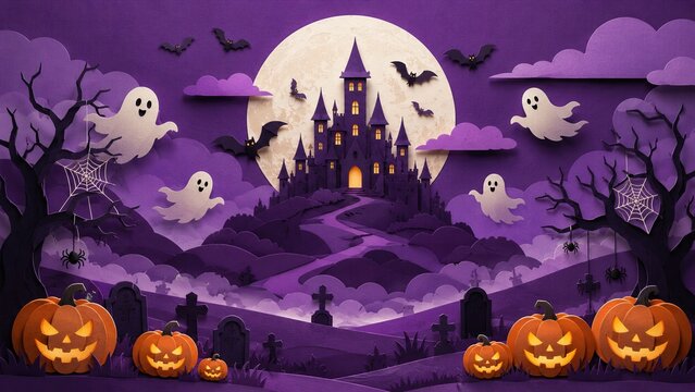 Purple Halloween Paper Cut Scene with Haunted Castle, Ghosts, Pumpkins and Full Moon