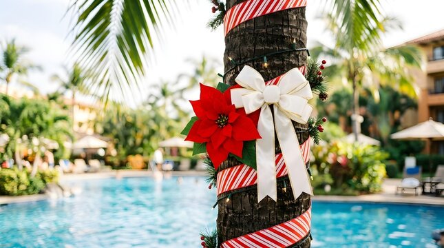 Festive tropical christmas decoration adorning a palm tree with a beautiful swimming pool and a luxurious resort visible in the distant background