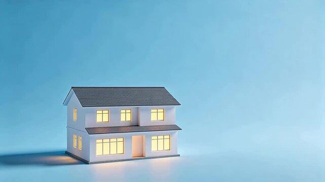 White two-story residential house model with gray roof and lit windows on blue background