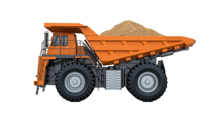 Orange mining dump truck loaded with sand, isolated on transparent background © iPNGi