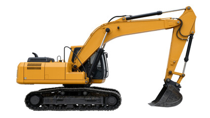 Yellow excavator with articulated arm and bucket, isolated on transparent background © iPNGi