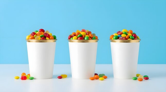 Three clear white glasses are abundantly filled to the top with a vibrant assortment of colorful gummy bears against a soft pastel