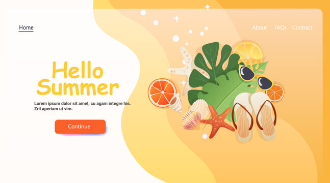 Hello summer beach tropical leaves starfish seashells flip flops citrus sunglasses yellow abstract background website landing page