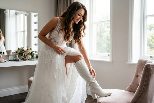 Bride putting on knee-high white boots in modern dressing room  