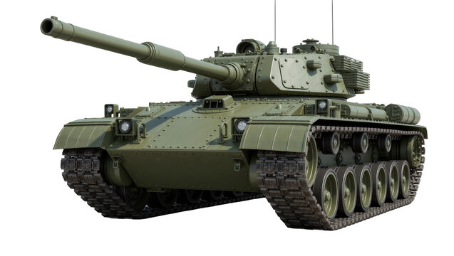 Green military tank with tracks and cannon, isolated on transparent background