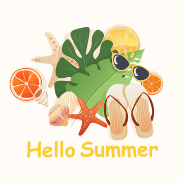 Hello Summer tropical leaves flip flops starfish seashells citrus sunglasses beach holiday decoration isolated on light background