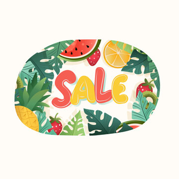 Sale summer fruits tropical leaves colorful banner watermelon pineapple lemon strawberry kiwi modern decorative foliage template