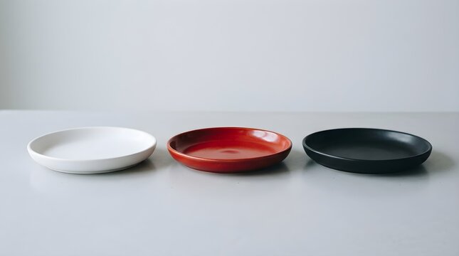A minimalist still life featuring three small ceramic dishes in white red and black colors neatly arranged side by side on a