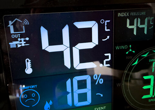Close-up of a digital weather station display showing outdoor temperature and humidity, Gers, Saint Georges, France
