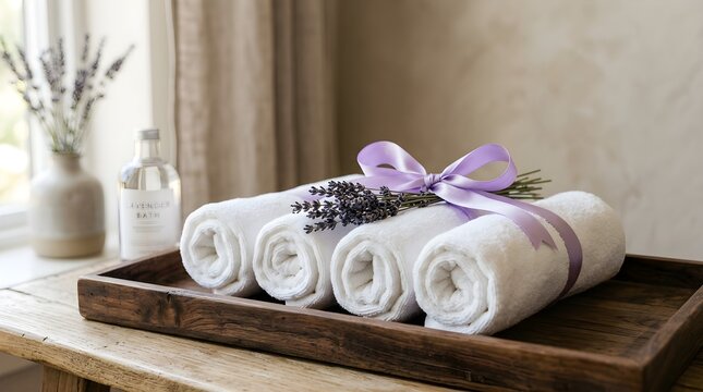 Beautifully rolled white towels are neatly tied together with a delicate lavender ribbon and fragrant sprigs on a rustic wooden tray indoors
